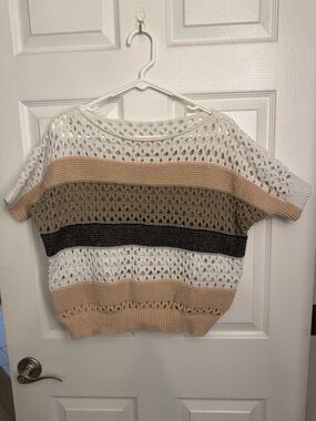 Striped Open-Knit Short Sleeve Sweater - White, Beige, Black